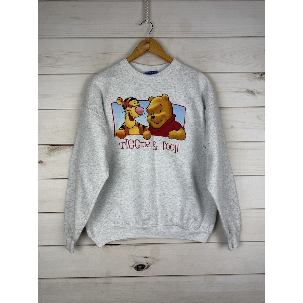 Pooh Sweatshirt Womens Large Gray Fleece Tigger Pooh Graphic Crewneck Pullover